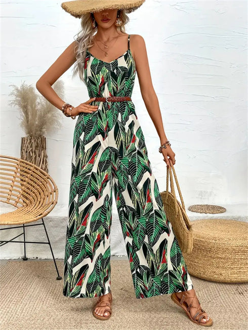 Tropical Print Spaghetti Strap Wide Leg Jumpsuit - Odaingerous